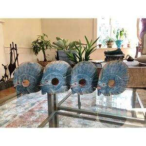 Vintage Hand-Carved wooden Fish Napkin Rings, Holder, Blue Fish, Set of Four